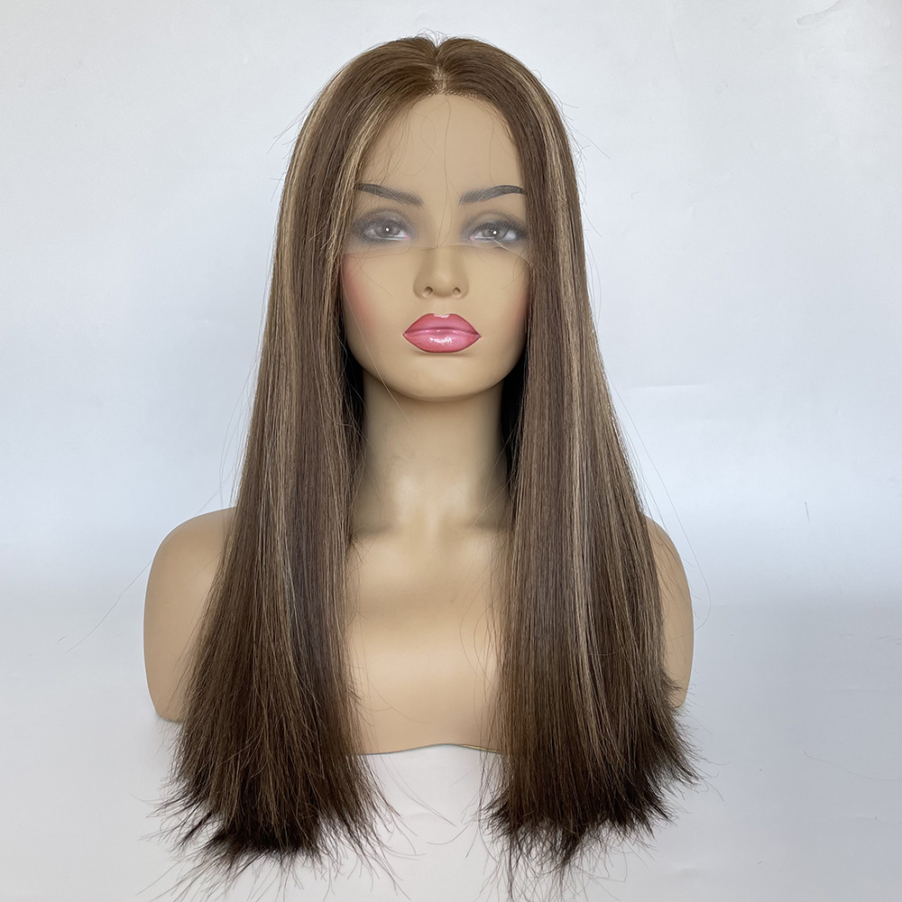  Medium Length Honey Blonde Hair With Hightlight Lace Top Wig Jewish Wig 