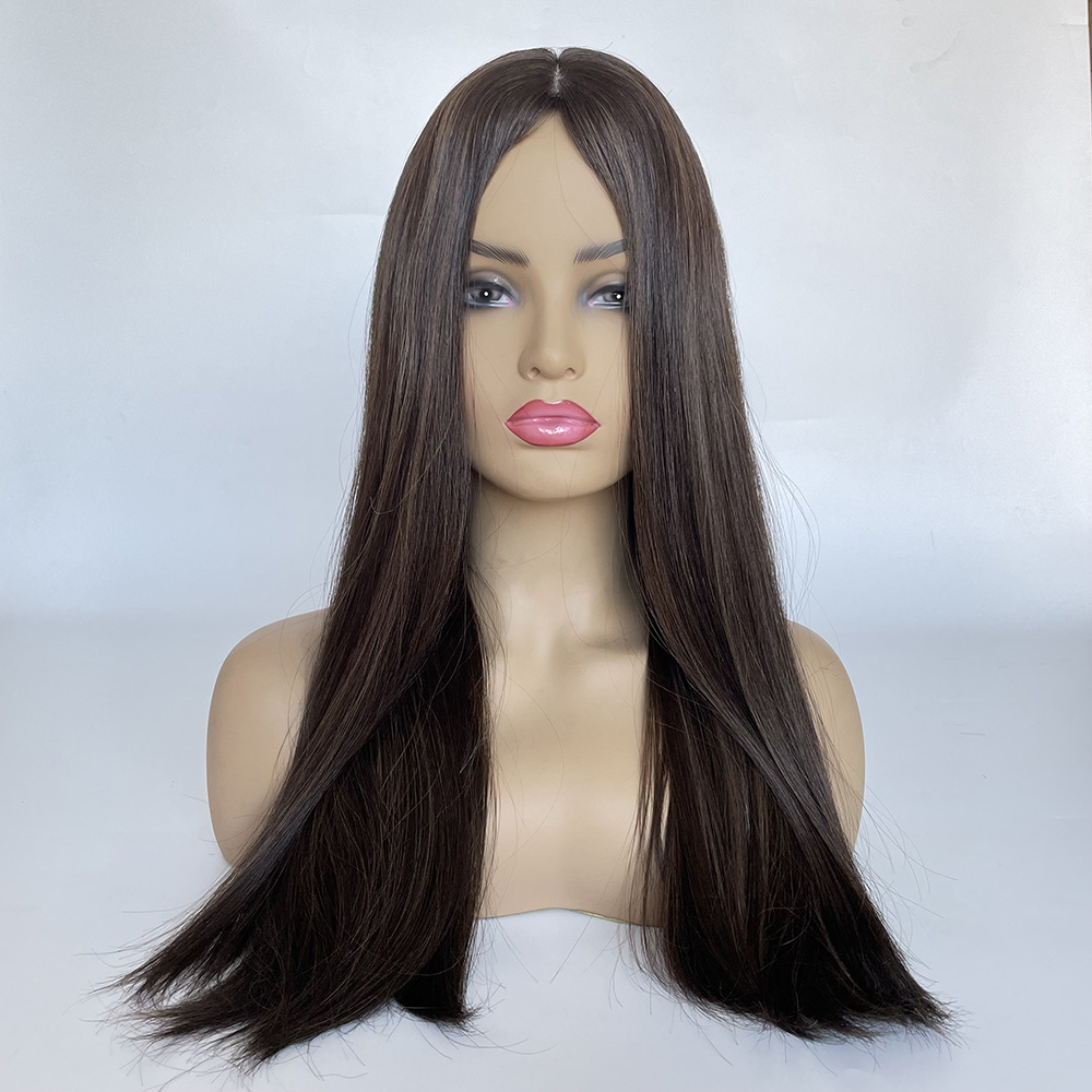 1b/8 22“ Slightly Highlighted Natural Black Brazilian Hair Silk Top Jewish Wig 