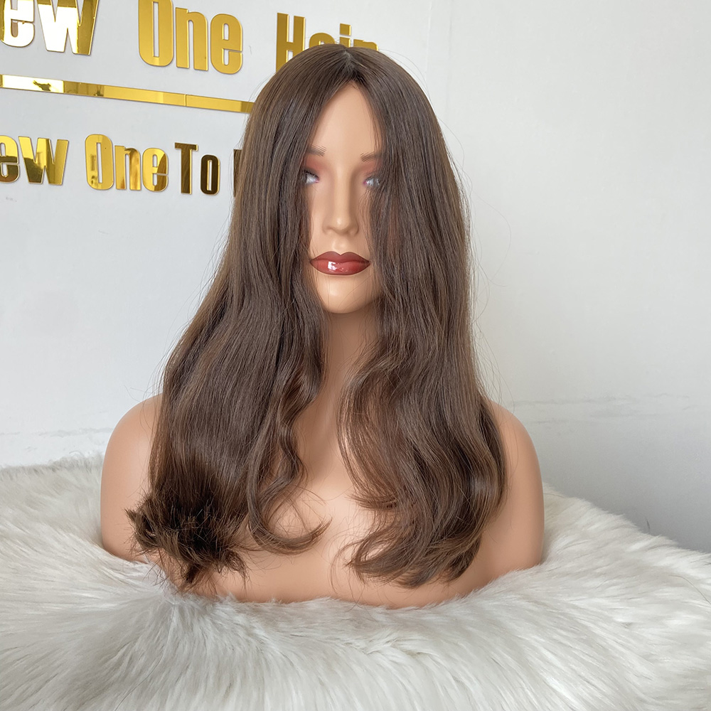 New One 20" Natural Wavy Medium Brown Russian Hair Skin Top Jewish Wig 