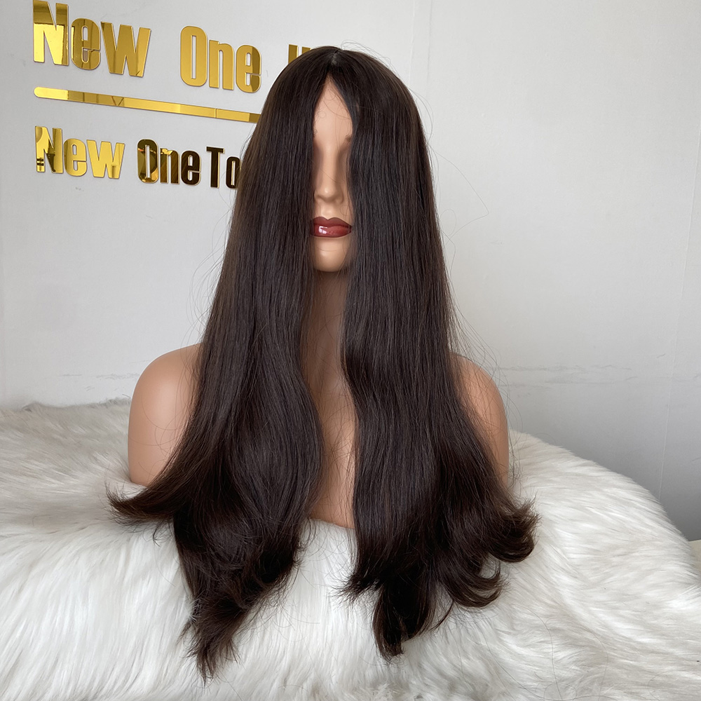 New One Dark Brown Long Length Russian Hair  Skin Top Wig Kosher Wig