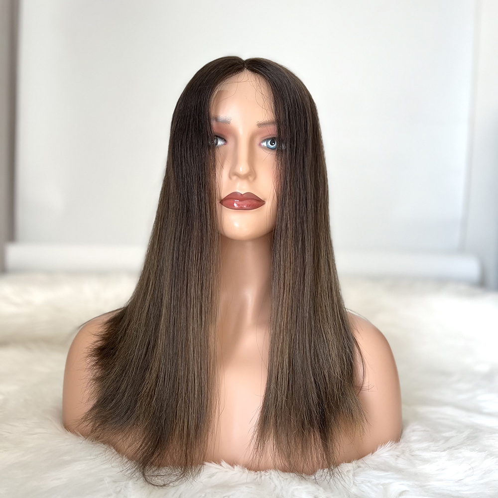 New One Natural Looking Brown Balayage Hair Lace Top Wig European Hair Jewish Wig 929#